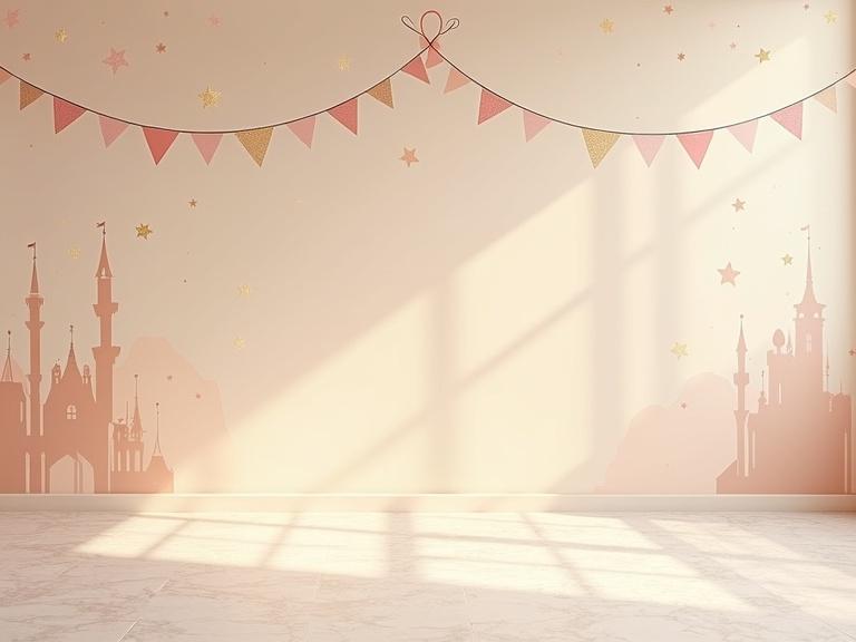 Soft marble-like floor in pastel cream tones with faint castle silhouette in pale gold and blush color. Elegant hanging stars and bunting flags displayed in pastel colors. Ambient soft lighting creates a magical atmosphere inspired by classic fairytales.