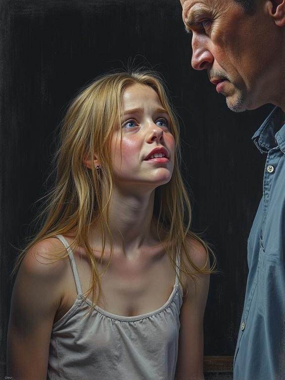 Realistic crayon drawing in a dark bedroom. Scared high school girl with blond hair. Tearful crying with trembling lip. She looks up at a middle-aged man. Emotionally intense scene captured in detail.