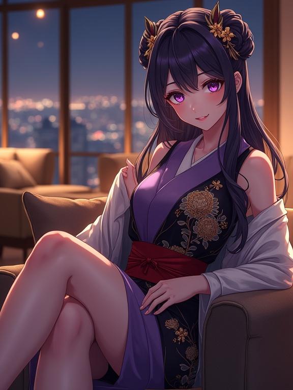 Full-body view of an elegant, matured anime lady with dark violet hair styled in an updo with kanzashi and gold floral hairpins. She has large violet eyes and a calm expression, wearing a luxurious kimono over a black base with red obi. Seated on a modern sofa in a high-end lounge, relaxed pose, warm ambient light illuminating the scene with a panoramic city view at night.