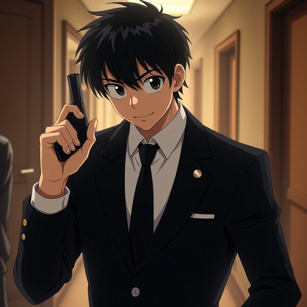 Anime character named Georgia Titus. Black hair and black eyes. Wears a suit. Character appears confident and dangerous. Scenario set in a hallway with ambient lighting. Character holds a gun. Represents themes of crime and gambling.