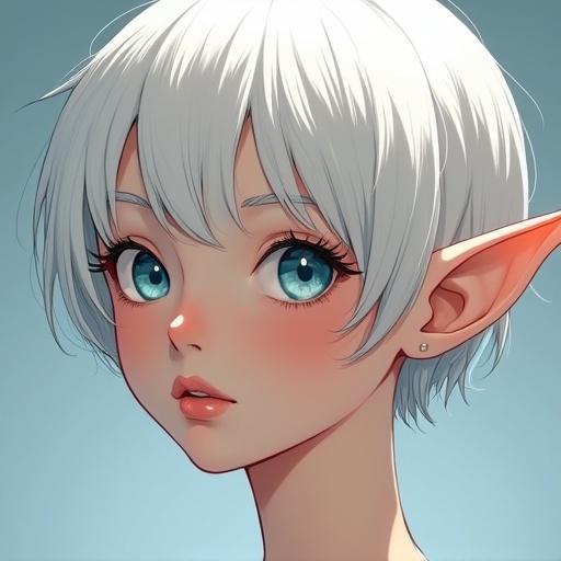 A portrait of a female elf character with blue eyes and short white pixie hair. The elf has a gentle look and soft skin. The style is comic book with smooth lines and shading. Soft and diffused light enhances features.
