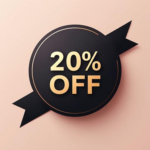 Circular badge design with a modern aesthetic. Text reads '20% OFF' prominently. Smaller text states 'Your First Order' and 'Limited Time Only'. Clean sans-serif font in small caps. Color scheme includes deep plum and muted gold. Badge features a subtle drop shadow. Minimalist visual style inspired by contemporary design influences.