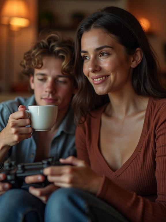 Woman serves a cup of chocolate to a young man playing video games. Warm indoor ambiance. Close-up shot shows their interaction. Soft lighting enhances the scene.