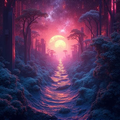 Fractal design with vibrant colors. Album cover featuring the text Techno Trance. Surreal landscape with a glowing moon and a winding path.