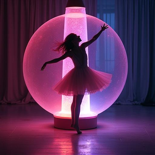 Dancing girl with a skirt in a lava lamp-like environment. Soft ambient lighting. Pink and purple hues. Artistic silhouette effect.