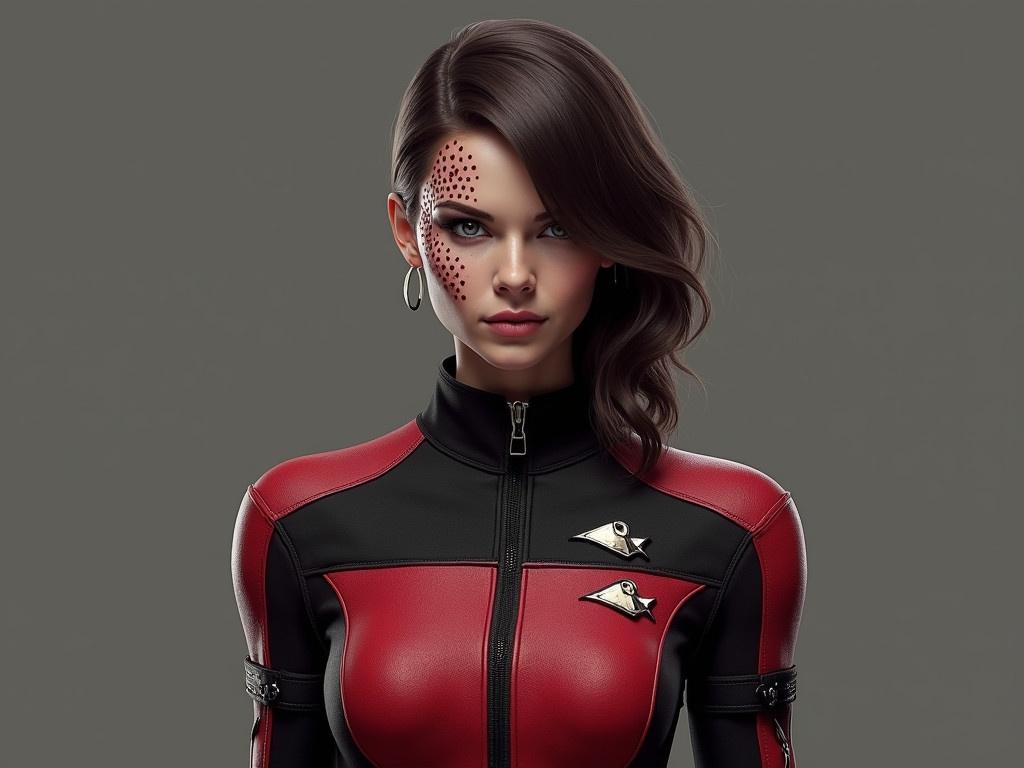 Transform the character into a more realistic portrayal of a Trill. Ensure her uniform appears to be made from tough synthetic fabric, replacing the effect of a bodysuit. Adjust her body proportions to be more natural and realistic. Incorporate the characteristic spotted pattern of the Trill species on her face. The uniform should remain sleek while reflecting durability and functionality, retaining the red and black color scheme with military insignias.