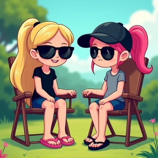 Two cartoon girls sitting on camping chairs in a garden. Summer day. One girl has long blonde hair tied in a ponytail, wears sunglasses, a black shirt, navy track shorts, and pink flip-flops. The other girl has pink hair, wears sunglasses, a black cap, grey shirt, black track shorts, and black flip-flops.