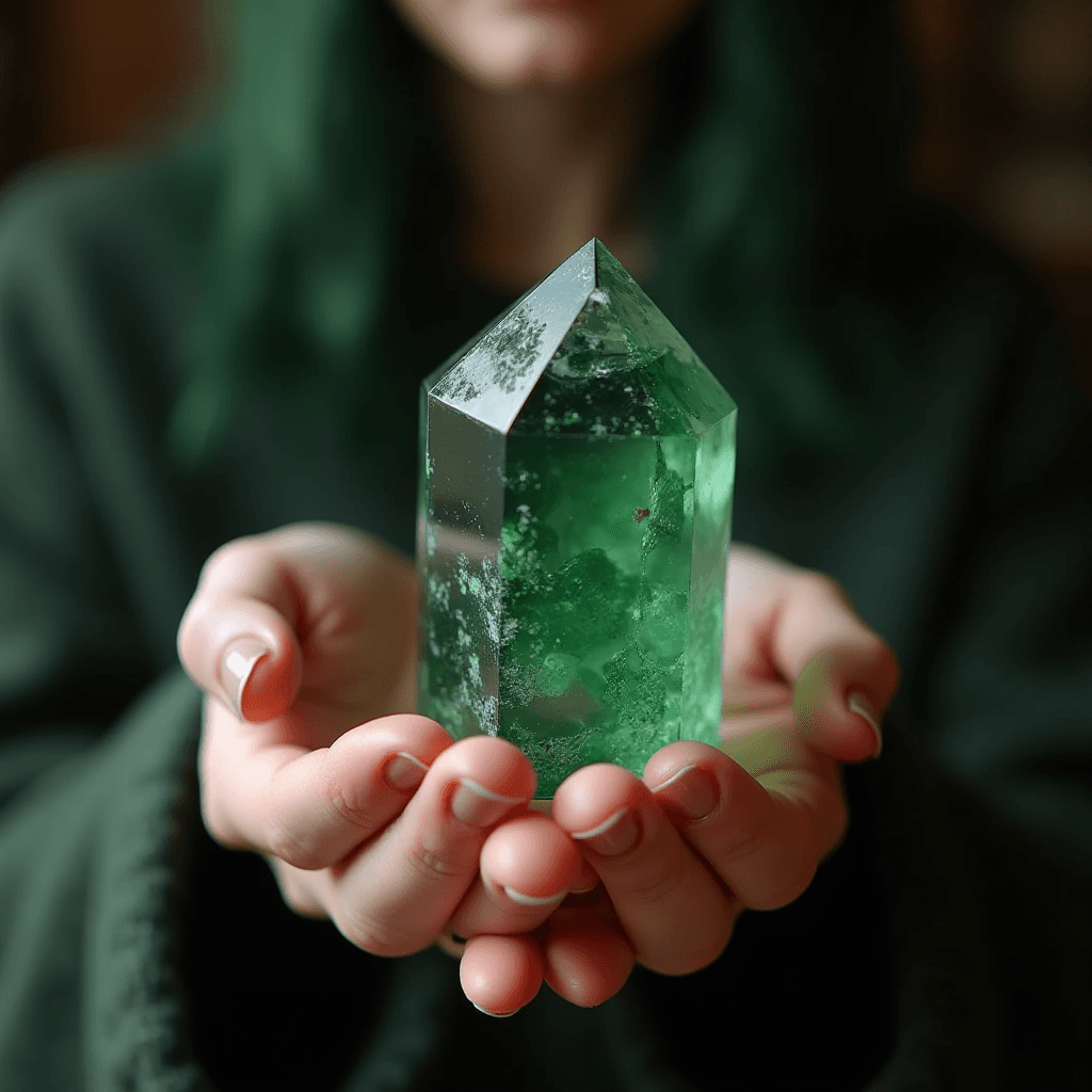 A person holding a large translucent green crystal with both hands.