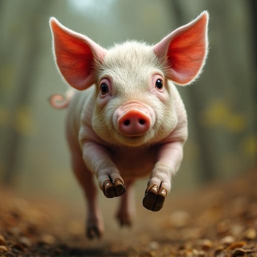 A pig with large ears jumps enthusiastically in a soft, diffused light in a forest setting. Its expression is playful and inviting with an atmosphere of joy.