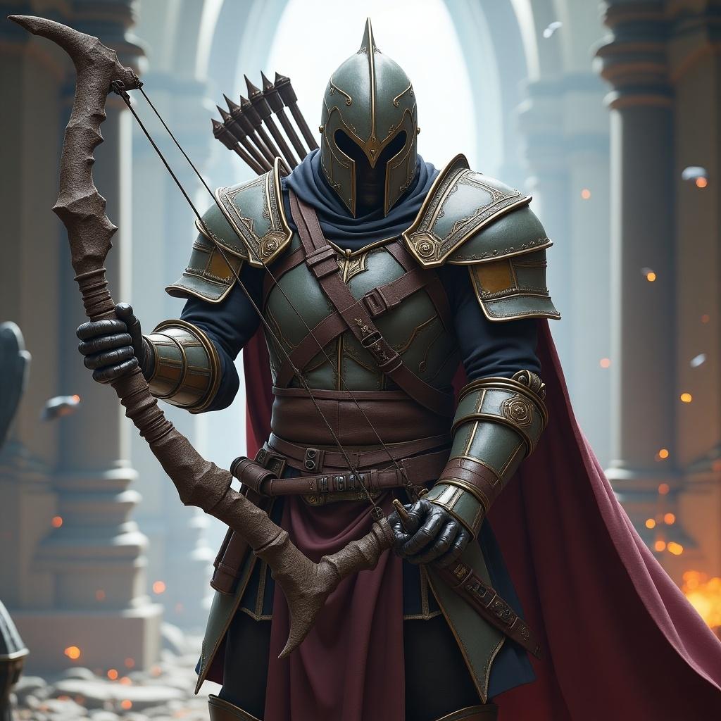 A paladin is in a grand environment. The character is wearing ornate armor. Heavy bow gun is ready for action. Sword and arrows are visible. Fiery elements can be seen in the background. Serious expression on the paladin's face. Inner sanctum is the location.