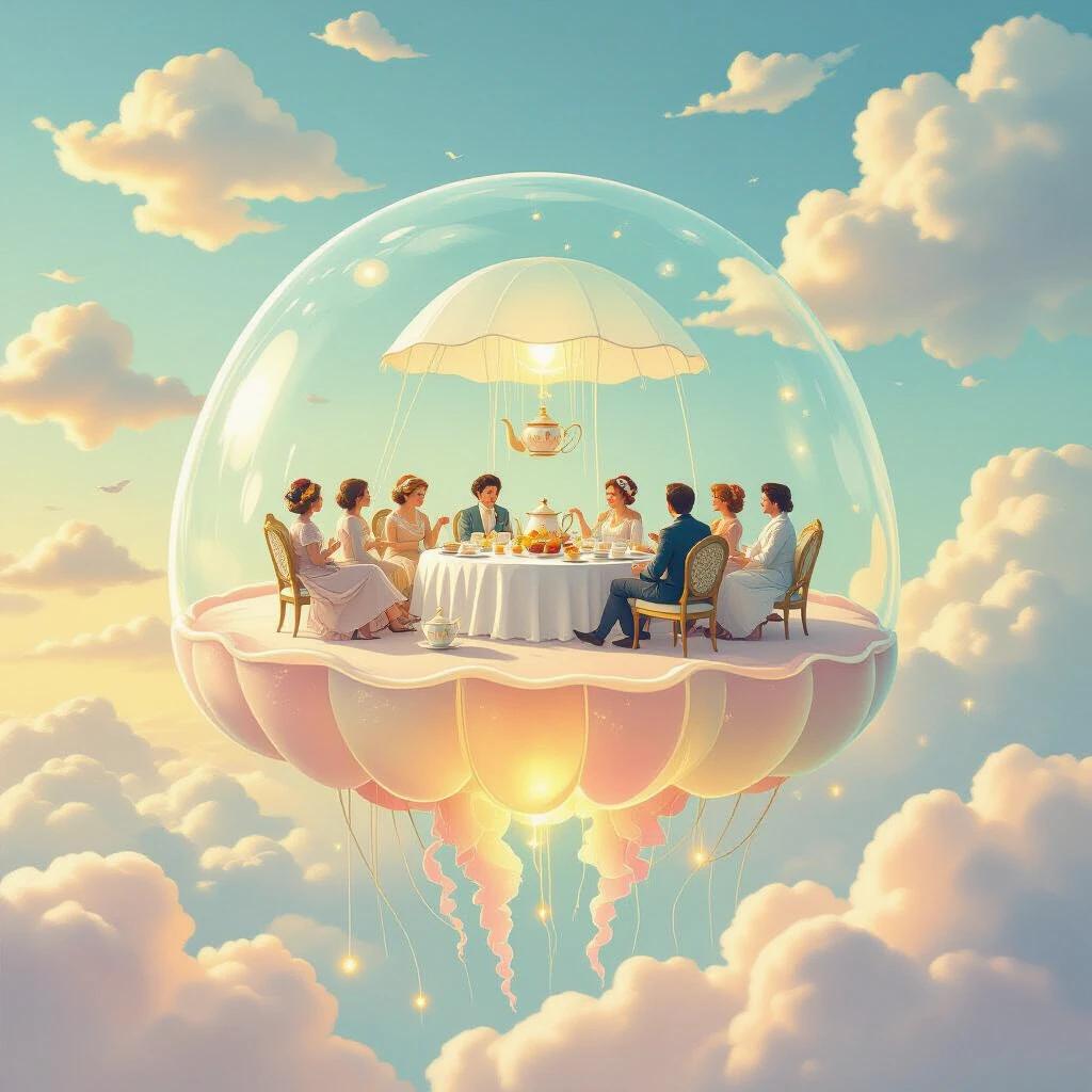 Whimsical tea party on giant jellyfish in sky, porcelain tea set on translucent surface, guests in vintage clothing, surreal clouds, glowing tendrils below, pastel palette, dreamy lighting, fantasy art inspired by children's stories.