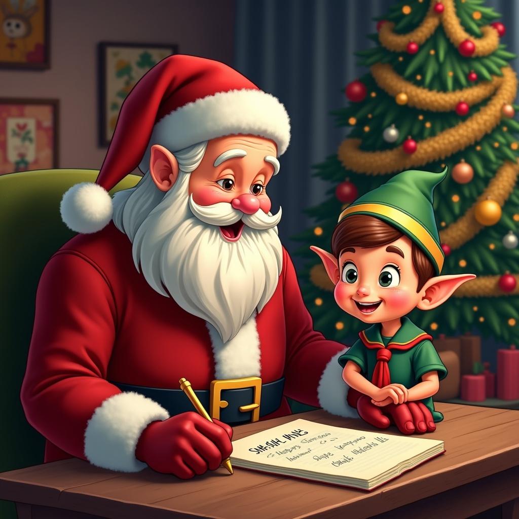 Santa writes names on a list. Scout Elf character sits beside Santa. Background has decorated Christmas tree and cozy workshop. Scene captures warmth and holiday cheer.