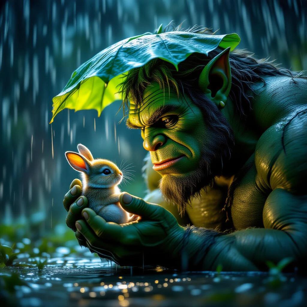 In a torrential storm at night, a kind-hearted ogre holds a large green leaf over a tiny baby bunny, sheltering it from rain. Scene depicted in dark windy conditions with heavy rainfall. Photography in vibrant dark colors with high definition quality.