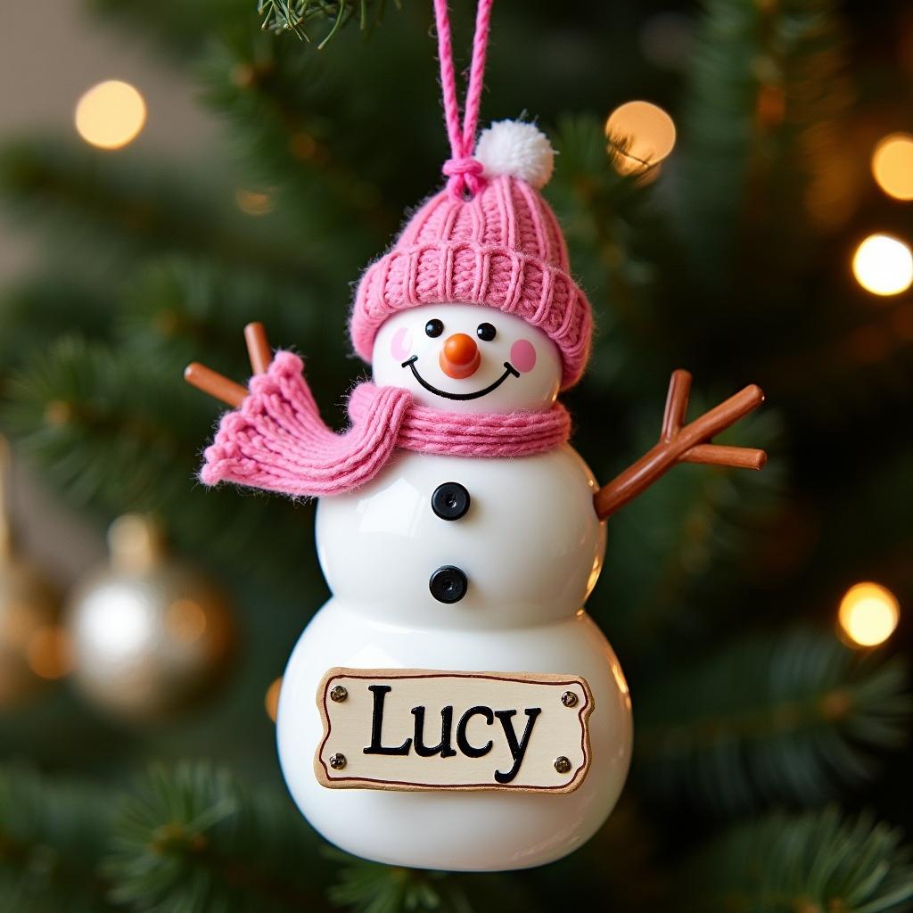 Snowman ornament hangs on a Christmas tree. Ornament has a pink hat, a pink scarf, and a name plaque with the name Lucy.