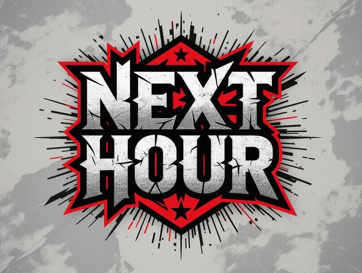 Logo design for a metalcore music band called 'Next Hour'. The logo features modern typography that appears edgy and industrial. The letters are bold with a combination of straight and distressed elements. Design elements include stars and explosive shapes surrounding the text.