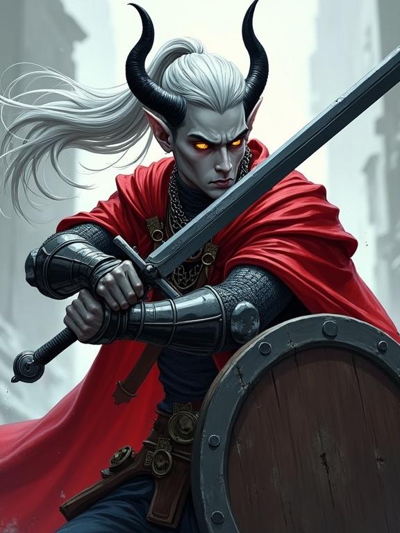 Depiction of a tall male tiefling mid-swing with black longsword ash-gray skin amber glowing eyes long silver hair sleek black horns wearing chainmail shirt red cloak shield on back dynamic action pose comic book style