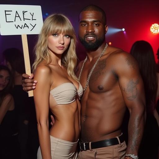 Nightclub scene featuring a couple. Woman with blonde bangs and big blue eyes wears a bikini top and miniskirt. Man is an older black rapper. They are close together, with the woman holding a sign.