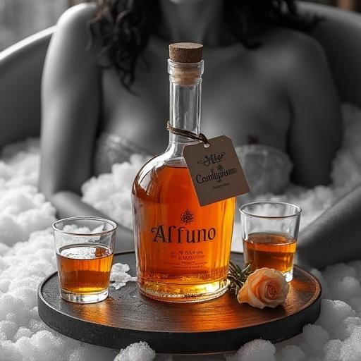 A captivating selective color art piece. Focus on a golden-reddish shimmering bottle labeled 'ALFRUNO'. Close shot of a beautiful lady in a bubble spa bath. The apothecary-style bottle glows with bright contents. Cork lid on top. Two cocktail glasses on a wooden plate. Roses and rosemary included. Background features a luxury spa area. Rendered in a rough sketch with high contrast and chiaroscuro effect.