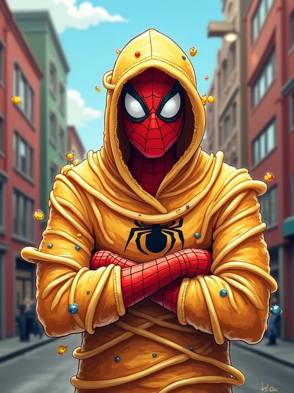 Spider-Man covered by living suit made of golden pancakes. Pancakes wrap around his arms and torso. Some pancakes have blinking cartoonish eyes. Facial expression shows panic and confusion. Background features a distorted urban cityscape. Bright and exaggerated lighting emphasizes absurdity.