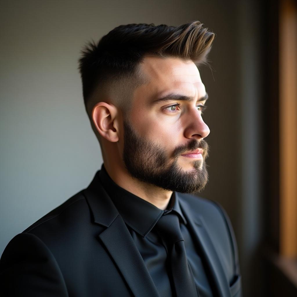 Man in a black suit looking to the right. Soft light illuminates the profile. Serious expression.