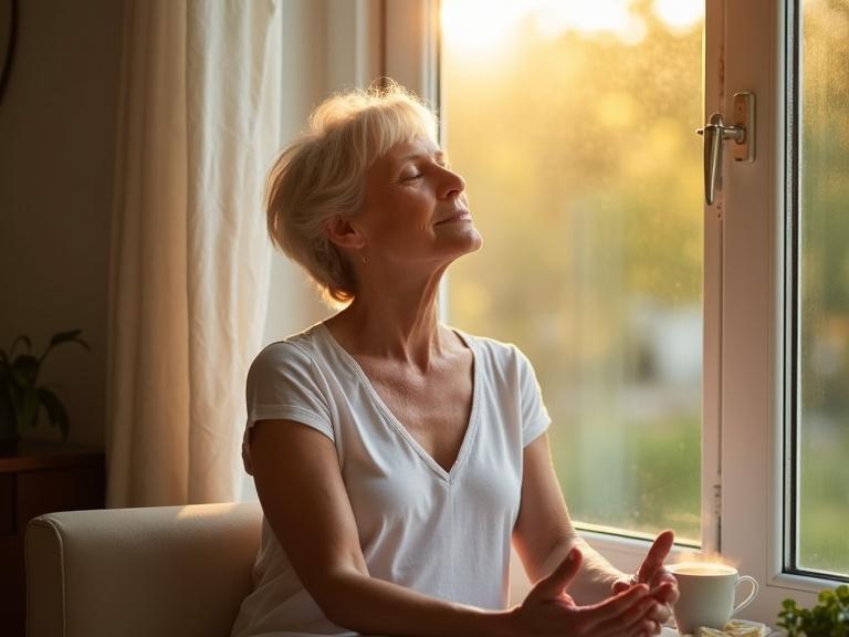 Woman in her fifties enjoys the calm by a sunlit window. She has eyes closed, hands on her lap, focusing on breath. A cup of tea sits nearby. Outside, a walking path is visible. The scene conveys tranquility amidst life's changes. Mindfulness brings clarity during menopause.
