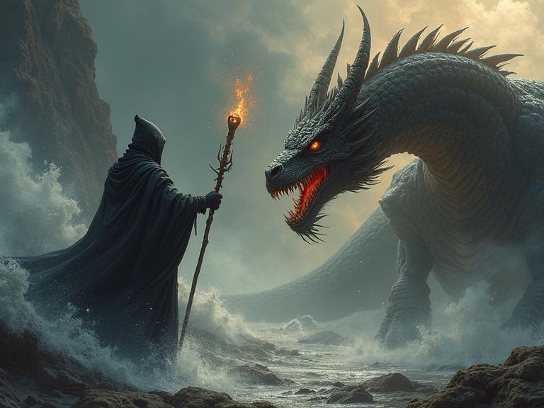 A fierce confrontation between a mage and a dragon is depicted. The mage holds a glowing staff and stands on rocky terrain. The dragon looms large, breathing fire, creating an intense scene filled with fantasy elements.