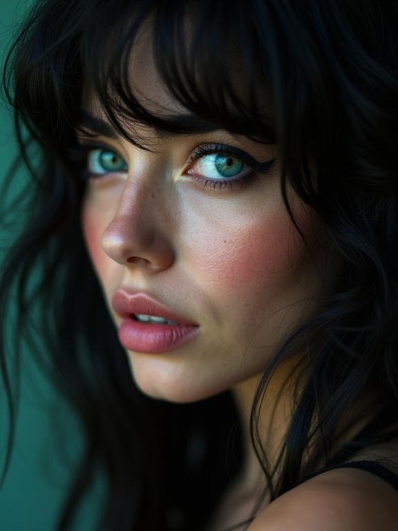 Macro noir photo of a beautiful French rocker chick. She tilts her head playfully to the right. Her layered black hair drapes over one eye in bouncy waves. Camera focuses on her turquoise blue eyes. Close to the camera lens. Shy smile with full plump lips. Harsh lighting creates a dark atmosphere. Heavy eyeshadow and eyeliner accentuate her features.