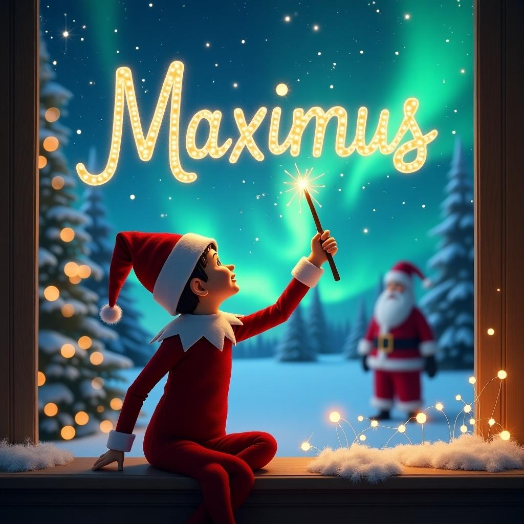 An elf on the shelf is seen from behind, sitting on a window sill. The elf, dressed in red with a pointed hat, is using a magical wand to write the name 'Maximus' in the sky filled with mesmerizing northern lights. In the background, Santa Claus can be seen, adding to the magical holiday feel. The snow is gently falling, and the atmosphere is festive, creating a cozy winter scene. The elf embodies the spirit of Christmas, showcasing creativity and wonder as they illuminate the night sky.