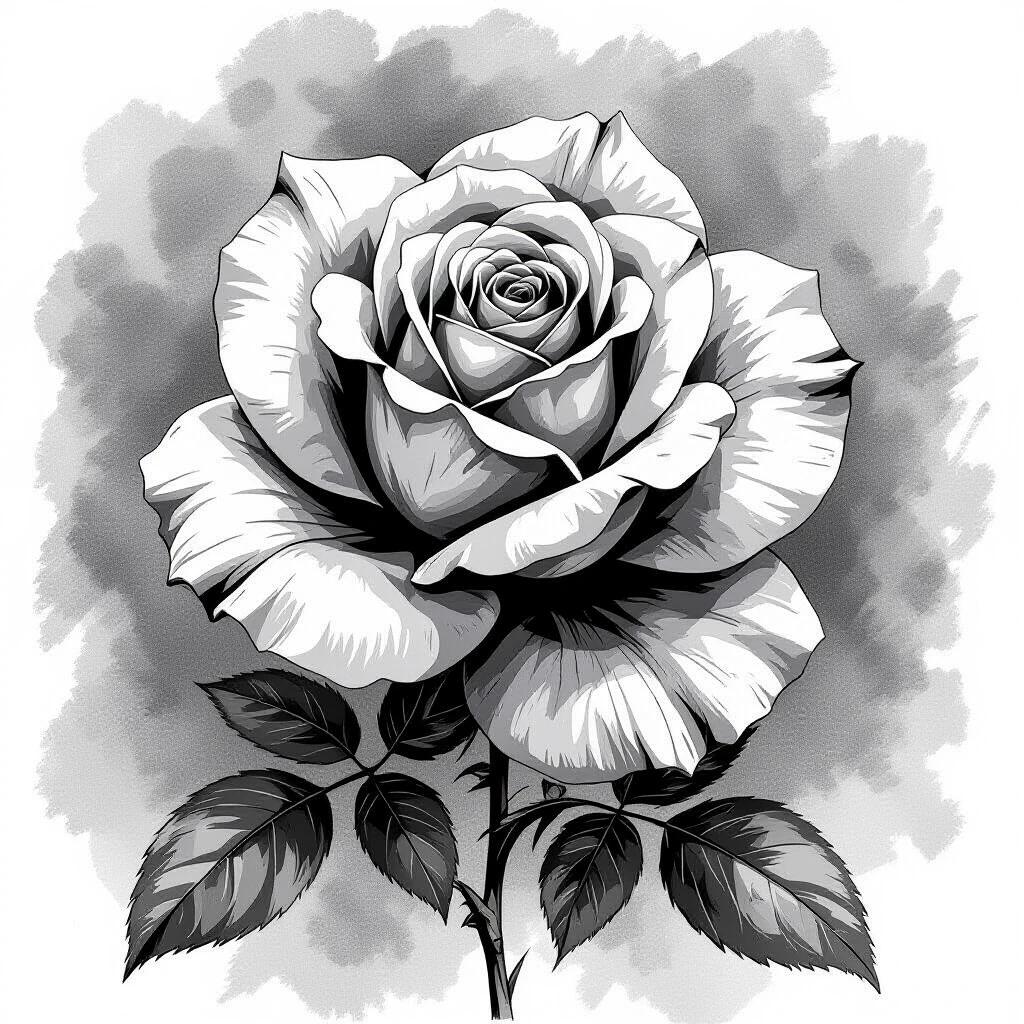 A rose depicted in black and white sketch style. The sketch showcases intricate details of the petals and leaves. Background features soft gray tones to accentuate the rose.