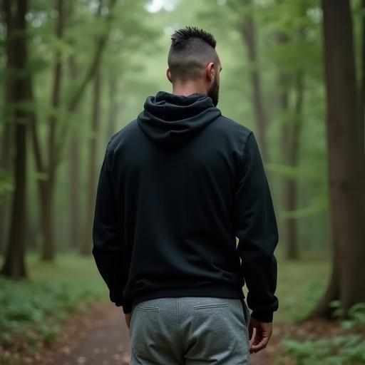 Image from behind of man with Mohawk haircut, broad-shouldered, dressed in grey sweatpants and black hoodie, forest surrounds him, looking at something out of view.