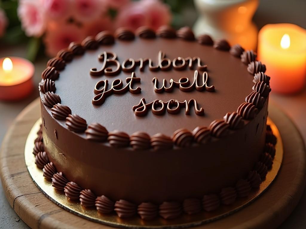 The image features a beautifully decorated chocolate cake with the message 'Bonbon get well soon' written on top in chocolate icing. The cake is adorned with decorative piping along the edges. Surrounding the cake are soft pink flowers and flickering candles, adding a cozy touch. The warm lighting enhances the inviting appearance of the cake. This cake is perfect for someone recovering from an illness, conveying care and affection through food. It reflects the sweetness and comfort one would wish to share during tough times.