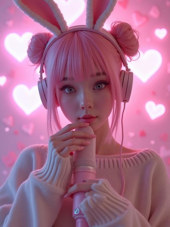 A cute female Twitch streamer with pastel pink hair styled in twin buns wearing an oversized sweater that slips off her shoulder. She has soft bunny ears on her head and is whispering into a microphone. The dreamy background features floating hearts and stars, with an overall kawaii vibe and soft lighting.