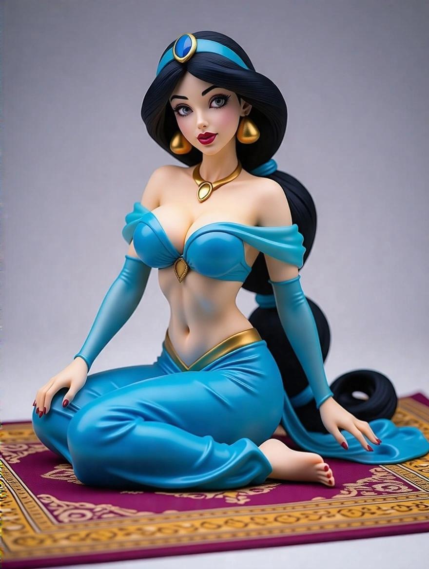 Detailed resin statue inspired by Princess Jasmine from Aladdin. Elegant and sensual design with an exaggerated silhouette. Features a narrow waist and wide hips. Wearing a blue, form-fitting outfit with a sweetheart neckline. Seated gracefully on a decorative rug with gold patterns. Long black hair styled in a ponytail. One hand on hip, the other holding a magic lamp. Exudes confidence and allure. High-quality finish with glossy paint.
