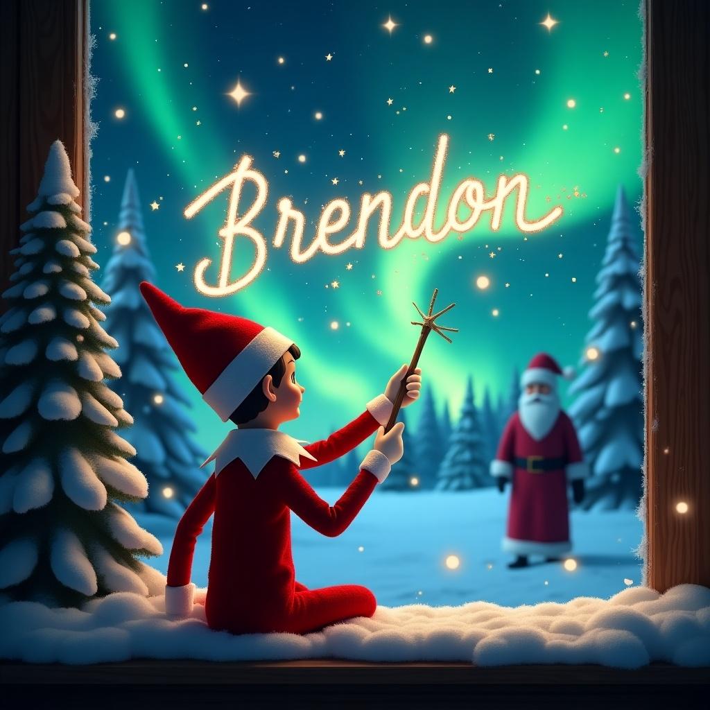 Elf in red outfit with back to the viewer. Facing winter sky with northern lights. Using wand to write name Brendon in stars. Snow-covered trees surround. Santa silhouette in distance. Emphasizes Christmas joy and magic.