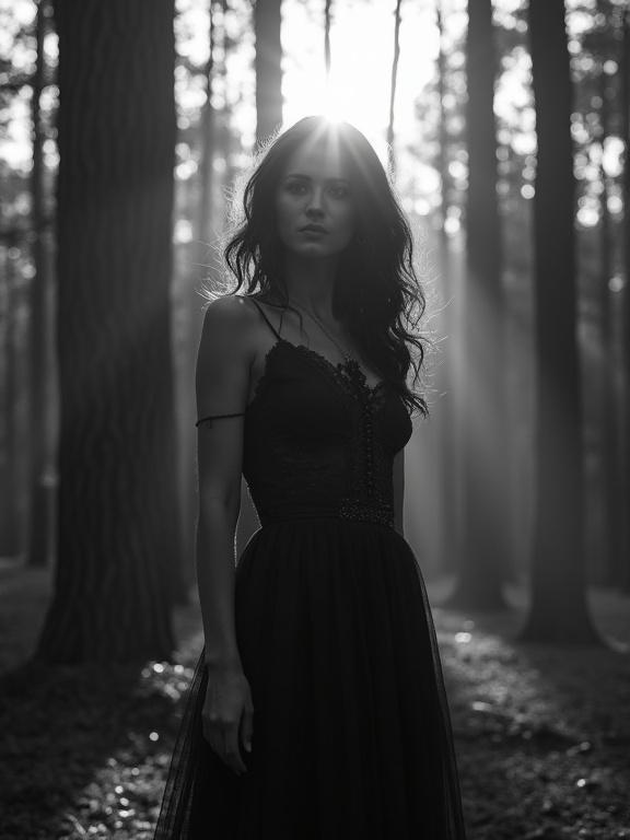Black and white photograph of a dark-haired woman wearing a dark lace dress. Woman stands in a sunlit forest with light rays shining through trees. Capture high contrast light and shadows in a cinematic angle.