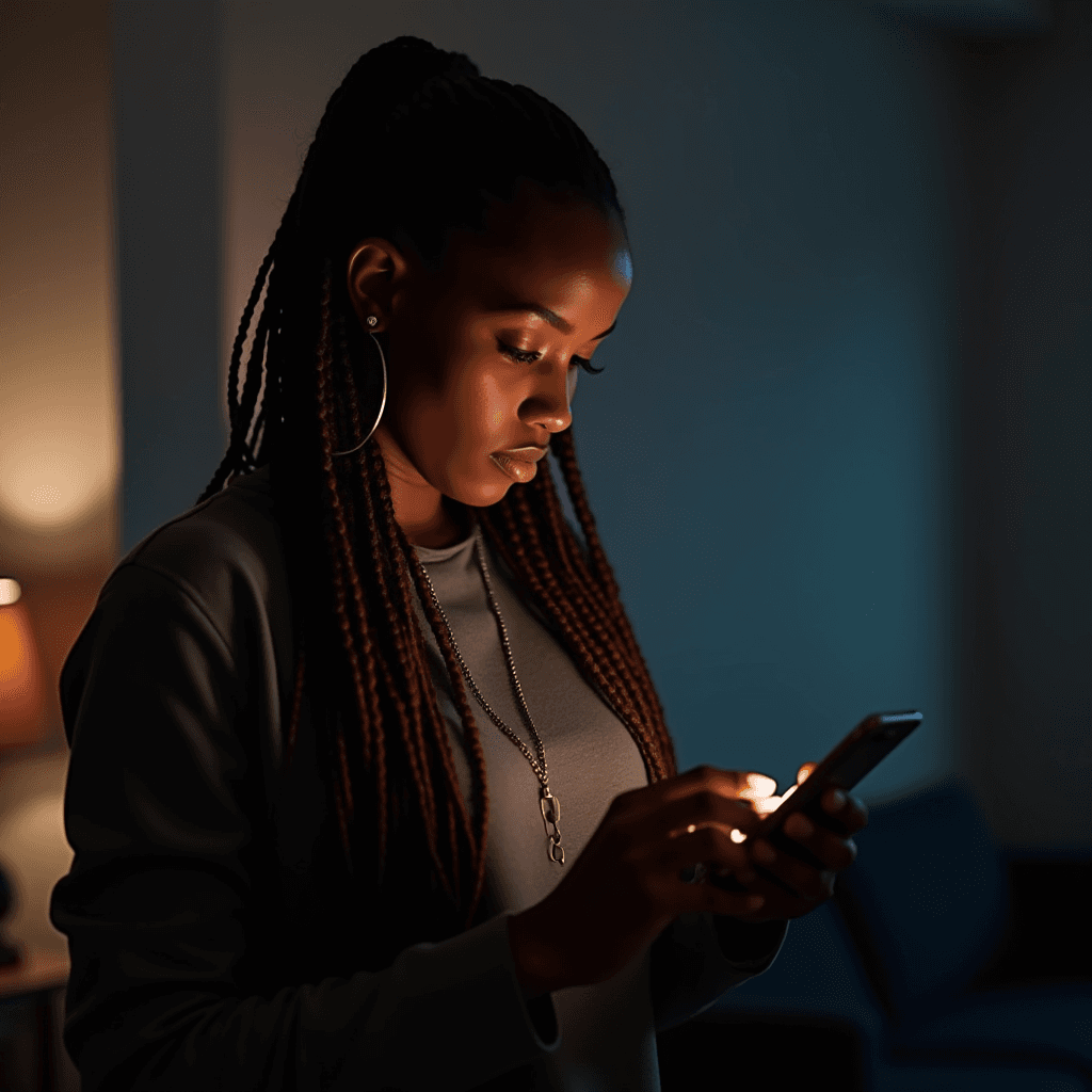 The image depicts a person standing indoors in a dimly lit room, engaged with a smartphone. The light from the phone softly illuminates their face, creating a contrast with the darker surroundings. The individual has long braided hair and is wearing large hoop earrings and a casual gray shirt. A pendant necklace adds a touch of elegance. In the background, the silhouettes of furniture can be seen, along with a lamp casting a warm glow, enhancing the intimate and serene atmosphere.