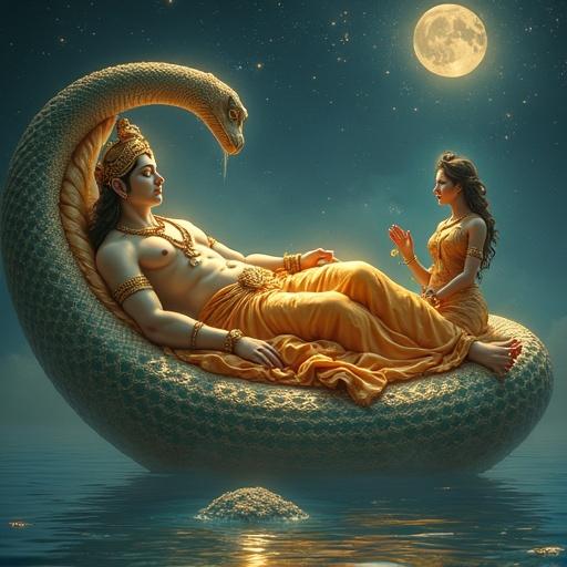 Lord Vishnu is peacefully lying on the coiled bed of the serpent Sheshnag in the Milky Ocean. His eyes are closed in divine sleep. He wears golden silk garments and ornaments. Goddess Tulsi stands near his lotus feet, offering tulsi leaves and flowers. The atmosphere is filled with a golden aura and soft stars. There are gentle ripples in the calm ocean, and moonlight gently shines on the scene. The overall ambiance is calm, majestic, and spiritual.