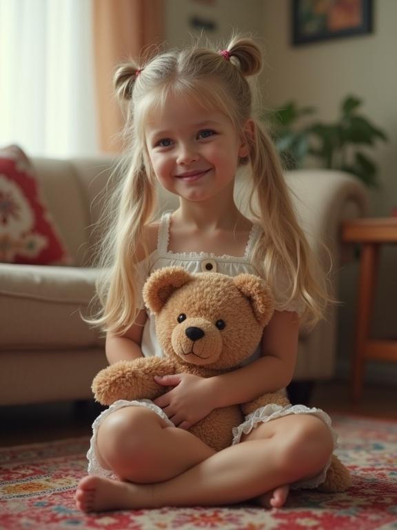 A young girl sits on a colorful rug in a cozy living room. She has long blonde hair styled in twin tails and is smiling. Hugging a fluffy teddy bear, she appears innocent and cheerful. The soft lighting creates a warm atmosphere that enhances her joyful expression.