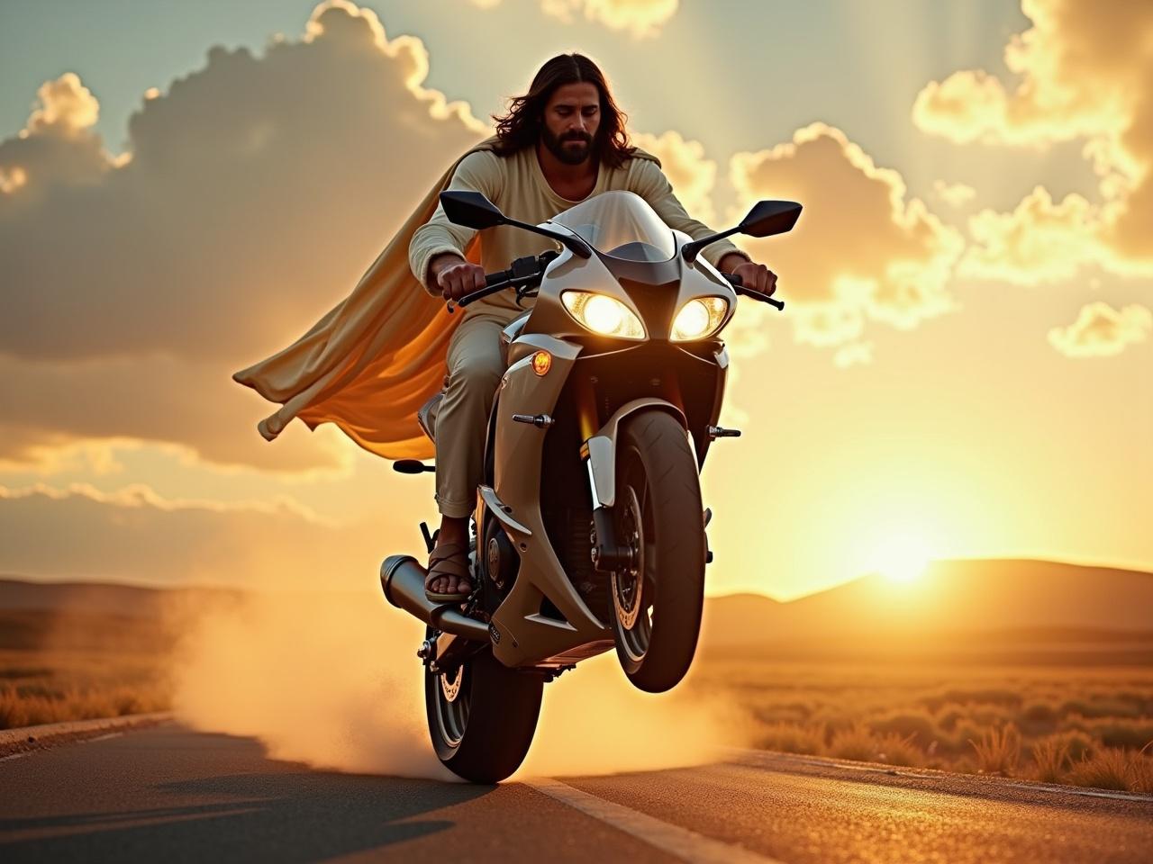 The image features a man resembling Jesus Christ performing a wheelie on a sportbike. He is dressed in a flowing cape, symbolizing heroism and adventure. The backdrop consists of a vast, open road against a stunning sunset, creating a warm and vibrant atmosphere. Dust is kicked up beneath the bike, highlighting the action of the stunt. This scene blends religious imagery with modern motorcycle culture, evoking a sense of freedom and excitement.