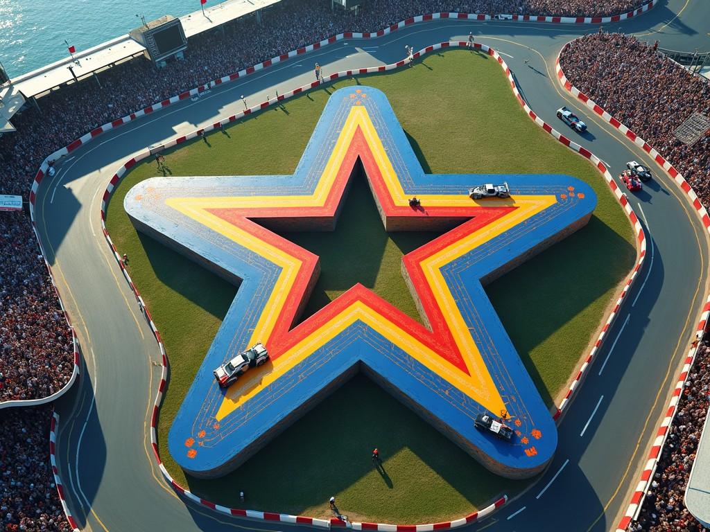 The image depicts a unique race track designed in the shape of a pentagram, viewed from above. Vivid colors dominate the track, including red, yellow, and blue, creating a striking visual appeal. Cars can be seen racing along the track, adding a dynamic element. Surrounded by enthusiastic spectators, the atmosphere is electric, highlighting the excitement of motorsport. The grass surrounding the track further enhances the vibrant colors, making it a standout feature in a racing event.