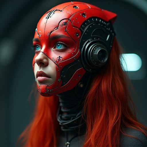 Young woman with long red hair wearing a red mechanical face mask. Intricate designs and glowing blue eyes. Looking to the left in a futuristic sci-fi setting. Dark background highlights mechanical features. Positioned in center, face and upper body visible. Photorealistic style focuses on mechanical details and contrast. Dramatic lighting casts shadows emphasizing texture.