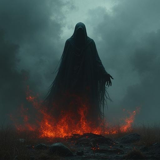 A shadowy figure representing death stands ominously in a dark landscape. The figure has long, flowing clothes and an outstretched hand, surrounded by a fiery blaze in the foreground. Smoky clouds loom ominously in the background creating a foreboding atmosphere.