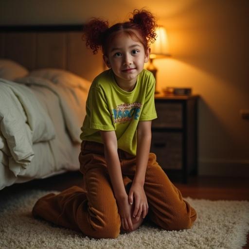 Photo features a dimly-lit bedroom with warm lighting. A skinny teenage girl stands barefoot on head of friend laying on carpet. She has messy dark red pigtails and wears a lime-green t-shirt with a cool print. She pairs it with long brown corduroy bellbottom trousers.