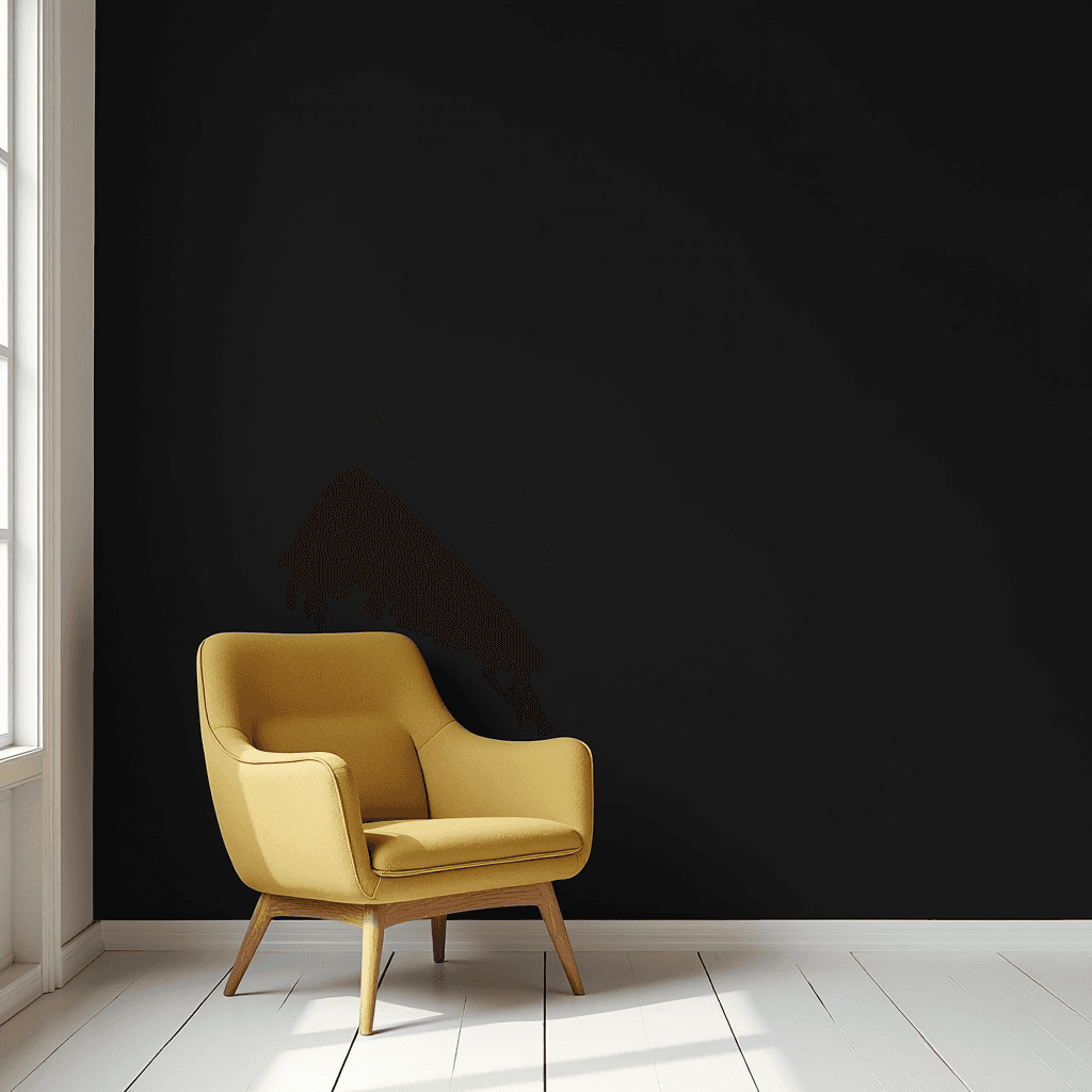 A stylish yellow armchair stands against a sleek black wall in a bright, minimalistic room.