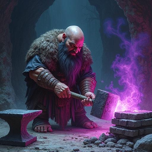 A dwarven artificer called Kherab is in the darkforge caves. He is hammering steel near an anvil surrounded by smithing forges. He has a malevolent demeanor and a twisted form, surrounded by a purple aura. He seems to be plotting something sinister as he works on his creations.