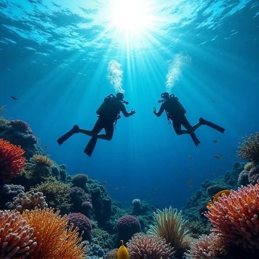 Scuba divers explore underwater scenes. Colorful coral reefs with vibrant marine life surround them. Light rays penetrate the water creating a serene atmosphere. The image captures a wide angle of the underwater environment.
