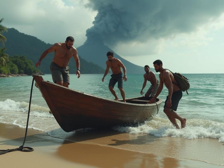 Four adults boarding a small wooden boat on a tropical island beach. Wet sand. Waves lapping. Boat partially in water mooring rope fraying. Behind a smoking volcano releasing dark clouds. One climbs over boat edge. Another lifts backpack on board. Tense and urgent atmosphere. Realistic skin textures. Detailed expressions showing fear and determination.