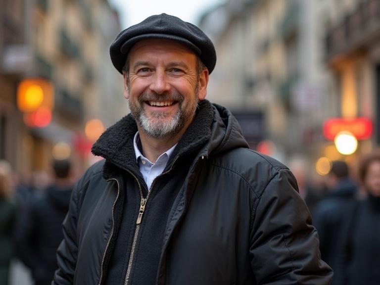 Portrait of a smiling man wearing a black winter jacket and a cap. Background shows blurred street with people walking in an urban setting and soft ambient lighting. Focus on the man's warm expression and winter attire.