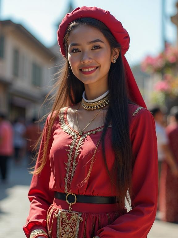 A 20 year old Indonesian woman wears Javanese traditional attire while facing the camera with a smile. The background features an old city.