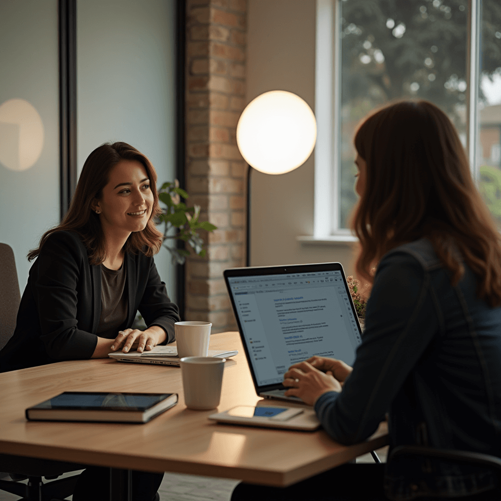 Two women engage in a friendly discussion in a sunlit modern office, with a laptop open on the table and warm ambient lighting.